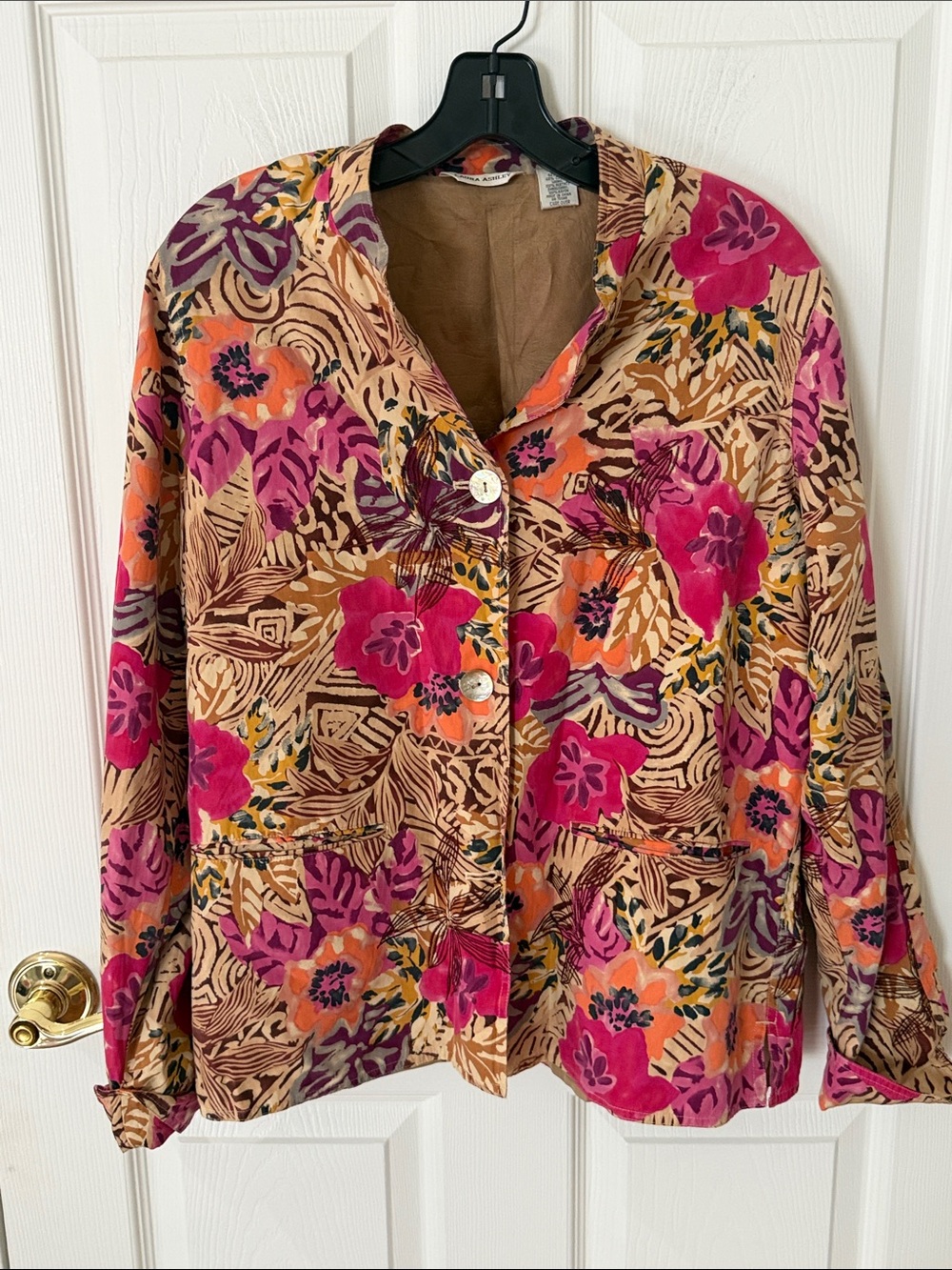 Vintage Laura Ashley Floral Button-Front Top in Pink, Tan & Orange medium silk
